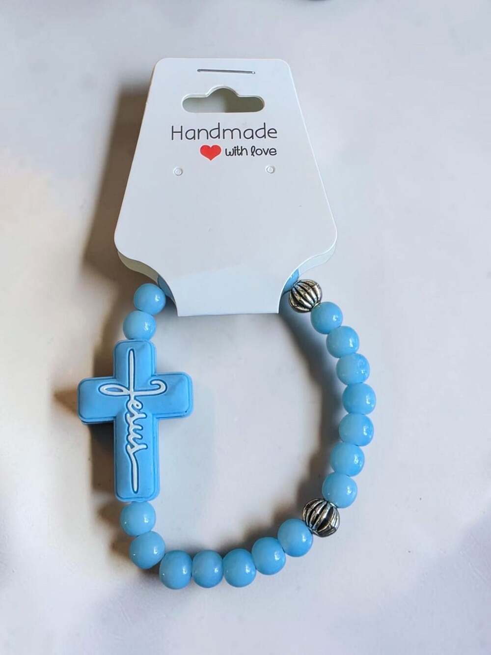 Blue Jesus Cross Stretch Beaded Bracelet